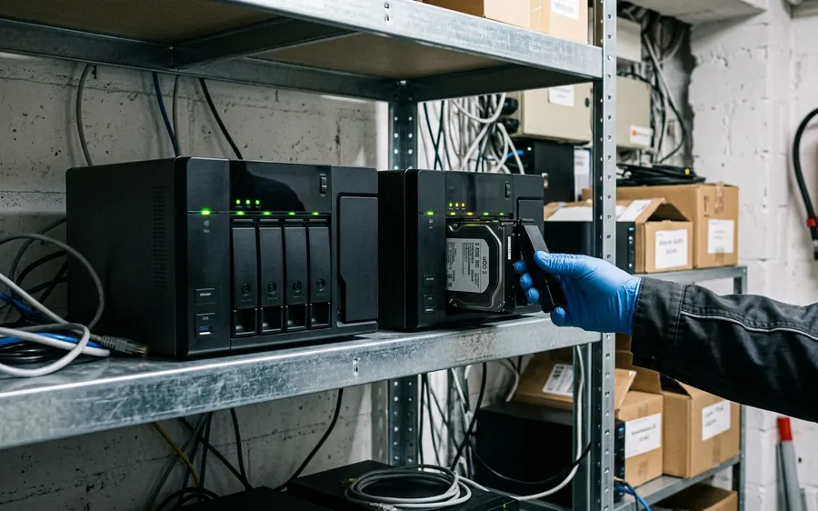 Technikerin zieht ein Laufwerk aus dem Backup-System