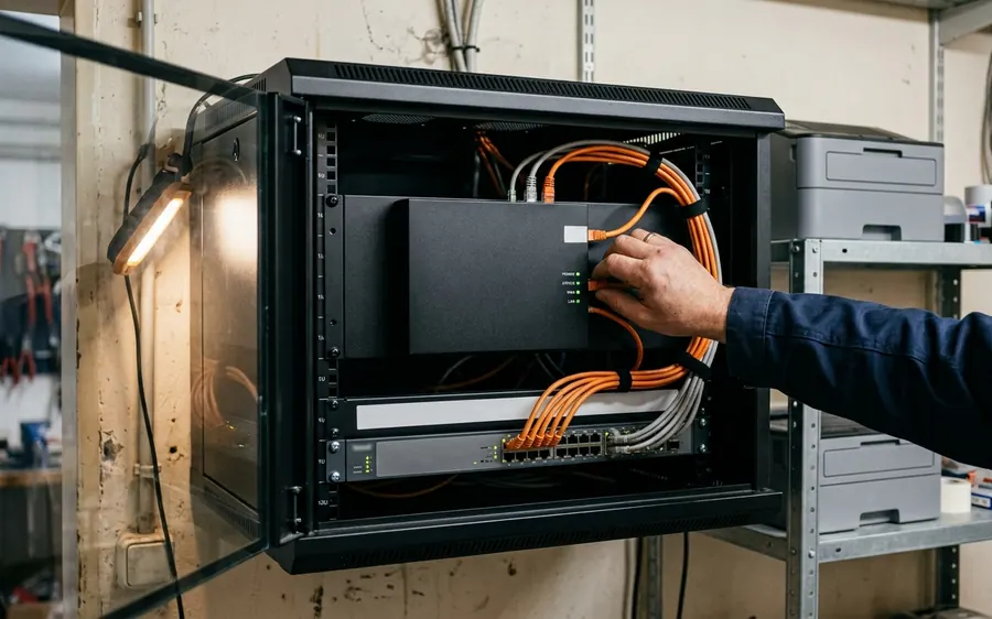 Techniker prüft die Firewall im Netzwerkschrank eines Unternehmens
