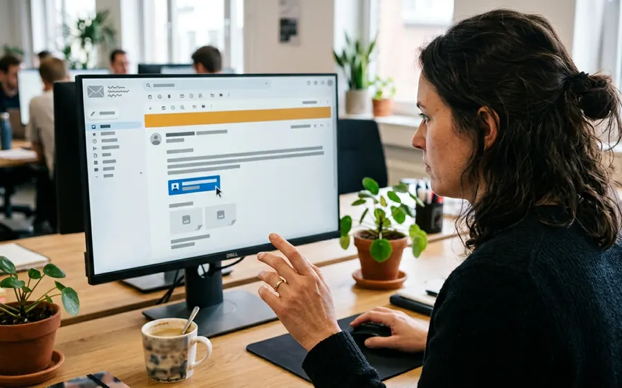 Mitarbeiterin prüft eine verdächtige E-Mail am Bildschirm
